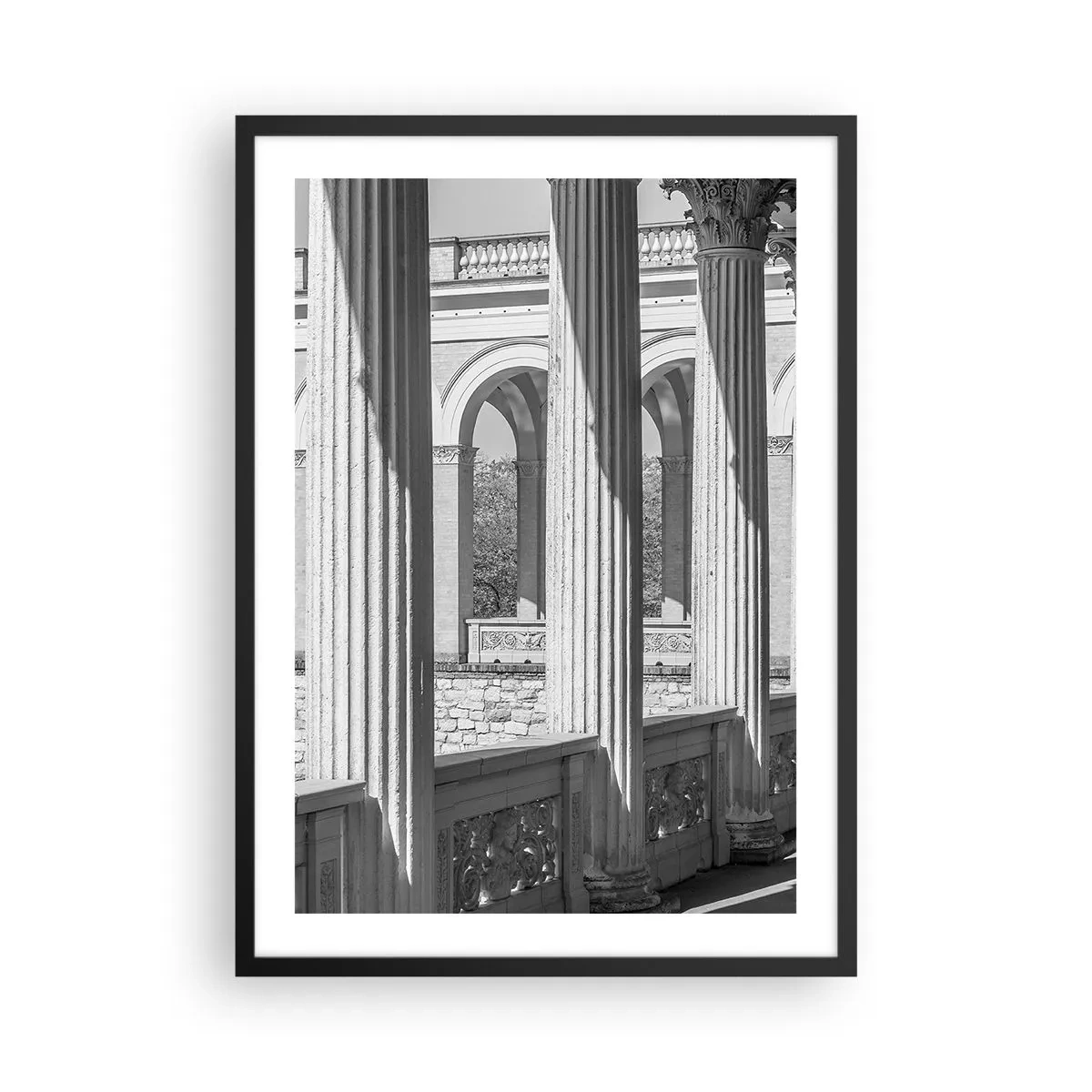 Póster en marco negro - Columnas en la arquitectura con sombras sutiles - 50x70cm - Galería soleada - Decoración de pared moderna para salón y dormitorio ARTTOR