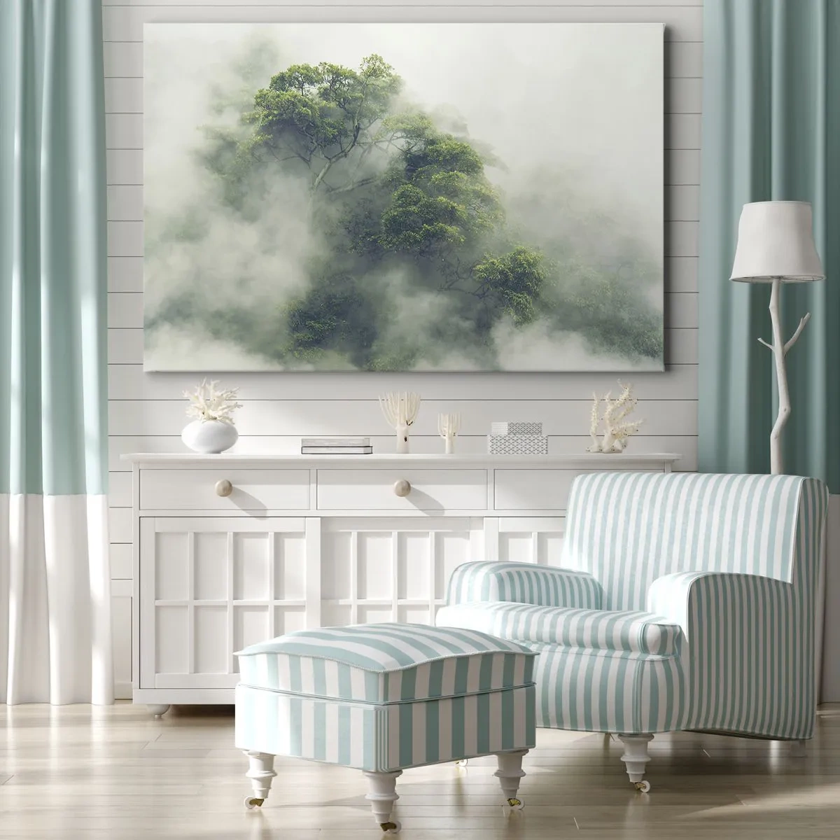 Cuadro sobre lienzo - Impresión de Imagen - Árboles verdes en una espesa niebla contra un fondo natural - 70x50cm - Envuelto en niebla - Decoración de pared moderna para salón y dormitorio ARTTOR