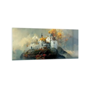 Cuadro sobre vidrio - Impresiones sobre Vidrio - Un castillo en una colina rodeado de árboles otoñales. - 120x50cm - El comienzo de una historia romántica - Decoración de pared moderna para salón y dormitorio ARTTOR