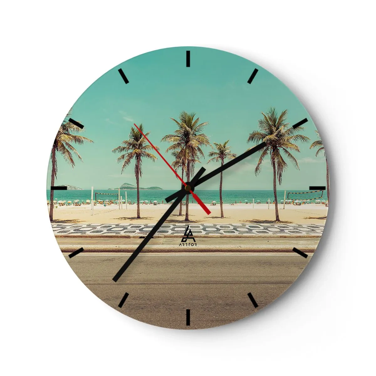 Reloj de pared - Reloj de vidrio - Palmeras y playa con paseo marítimo junto al mar turquesa - 30x30cm - En la playa - Decoración de pared moderna para salón, cocina y dormitorio ARTTOR