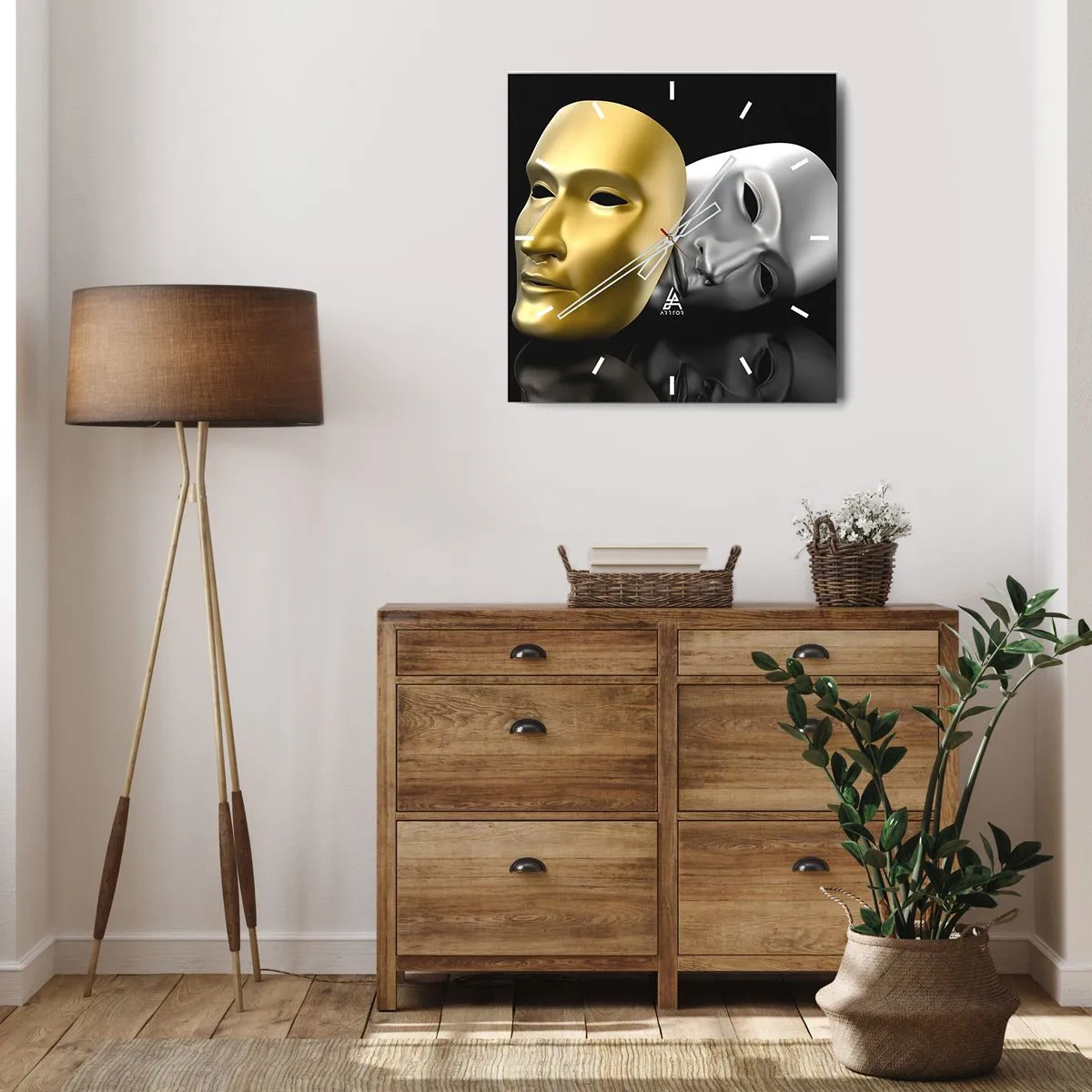 Reloj de pared - Reloj de vidrio - Máscara de oro y plata sobre fondo negro. - 30x30cm - La vida es un teatro - Decoración de pared moderna para salón y dormitorio ARTTOR