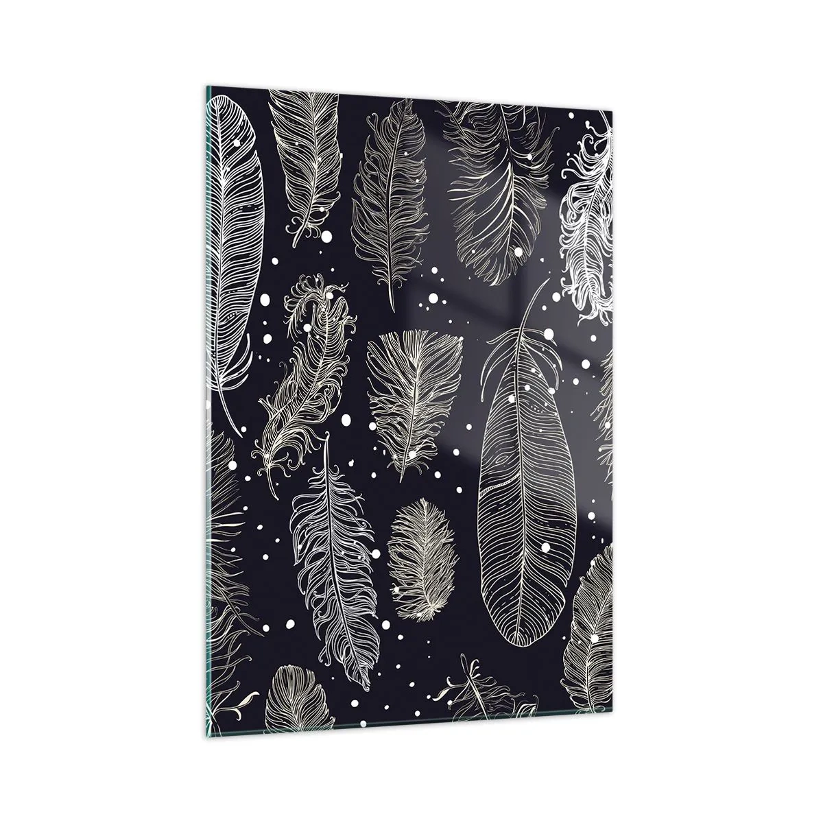 Cuadro sobre vidrio - Impresiones sobre Vidrio - Plumas blancas sobre fondo negro con detalles sutiles. - 50x70cm - Encaje de plumas - Decoración de pared moderna para salón y dormitorio ARTTOR