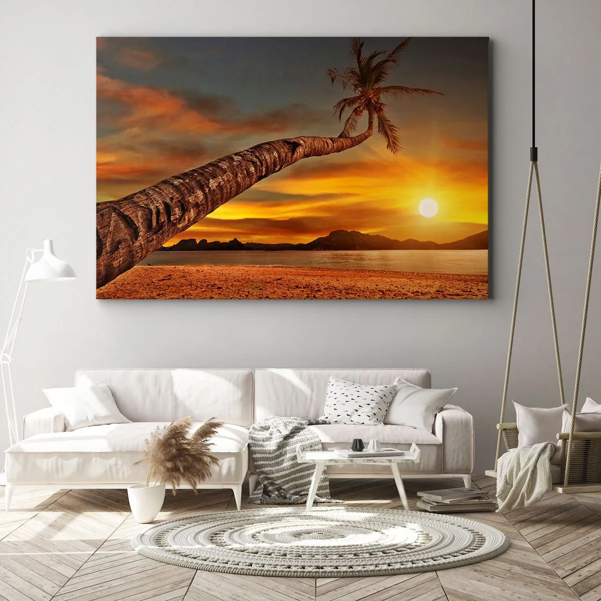 Cuadro sobre lienzo - Impresión de Imagen - Palmera en la playa al atardecer con vistas al mar - 100x70cm - Vacaciones exóticas, aventura en el Caribe - Decoración de pared moderna para salón y dormitorio ARTTOR