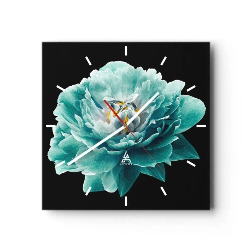Reloj de pared - Reloj de vidrio - Flor de peonía turquesa sobre fondo negro - 30x30cm - Pétalos azules y dorados - Decoración de pared moderna para salón y dormitorio ARTTOR
