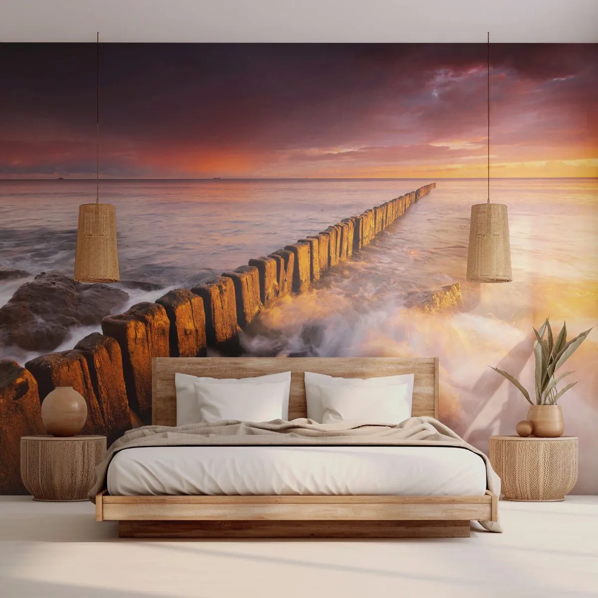 Fotomural Standard Eco - Un rompeolas con el telón de fondo de una puesta de sol dorada - 100x70cm - La dulzura de las olas - Decoración de pared moderna para salón y dormitorio ARTTOR