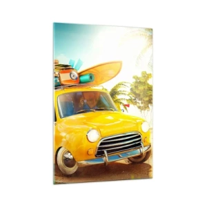 Cuadro sobre vidrio - Impresiones sobre Vidrio - Un coche amarillo con equipaje frente a un paisaje tropical. - 70x100cm - Un viaje para más de una sonrisa - Decoración de pared moderna para salón y dormitorio ARTTOR