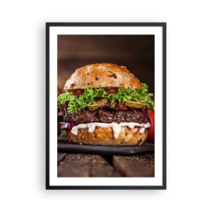 Póster en marco negro - Deliciosa hamburguesa con verduras y salsa - 50x70cm - El sueño americano - Decoración de pared moderna para salón y dormitorio ARTTOR