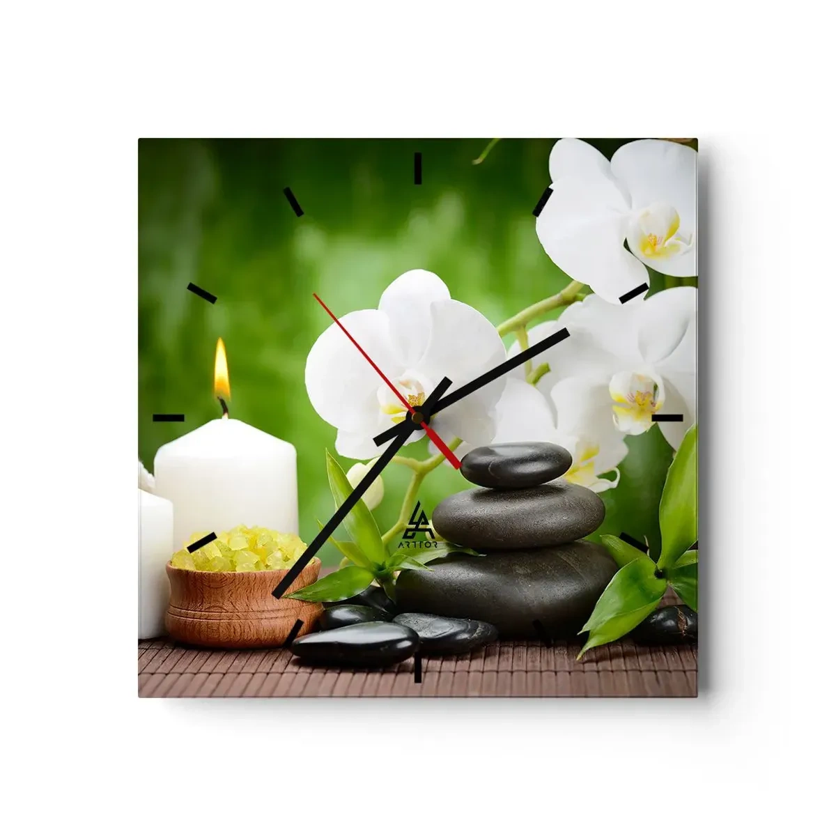 Reloj de pared - Reloj de vidrio - Orquídeas, velas y piedras rodeadas de naturaleza. - 30x30cm - Un toque fragante, floral y suave - Decoración de pared moderna para salón y dormitorio ARTTOR