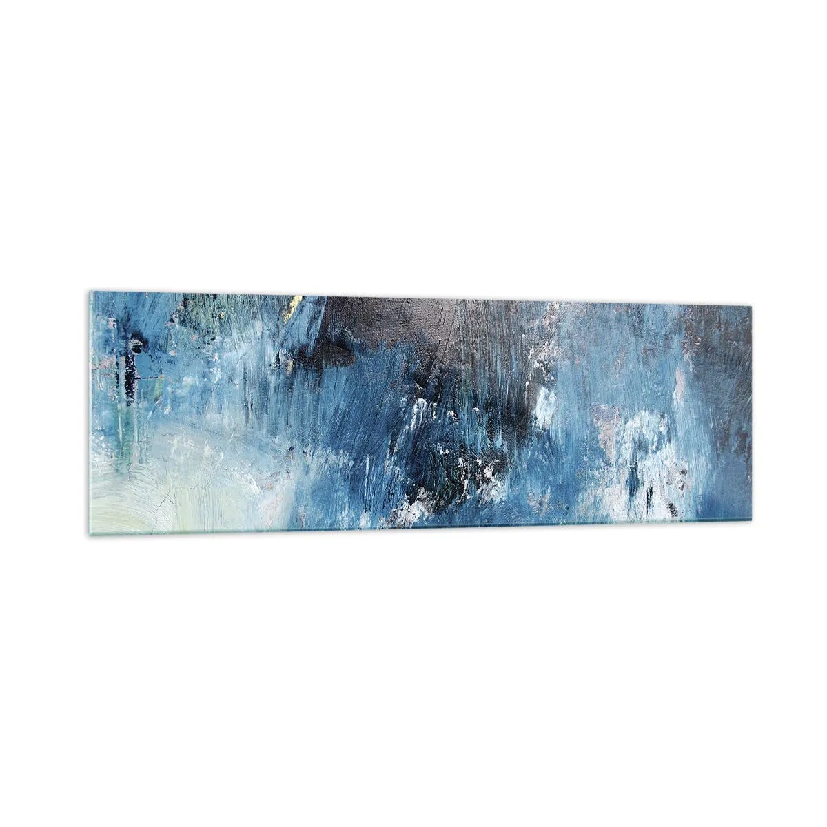 Cuadro sobre vidrio - Impresiones sobre Vidrio - Pinceladas abstractas en tonos azules - 160x50cm - Rapsodia celeste - Decoración de pared moderna para salón y dormitorio ARTTOR
