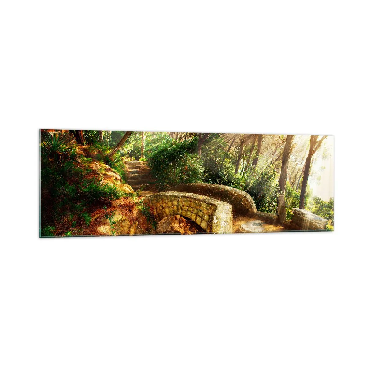 Cuadro sobre vidrio - Impresiones sobre Vidrio - Paisaje forestal con rayos de sol y un puente de piedra. - 160x50cm - Directamente desde el puente hacia el bosque de las hadas - Decoración de pared moderna para salón y dormitorio ARTTOR