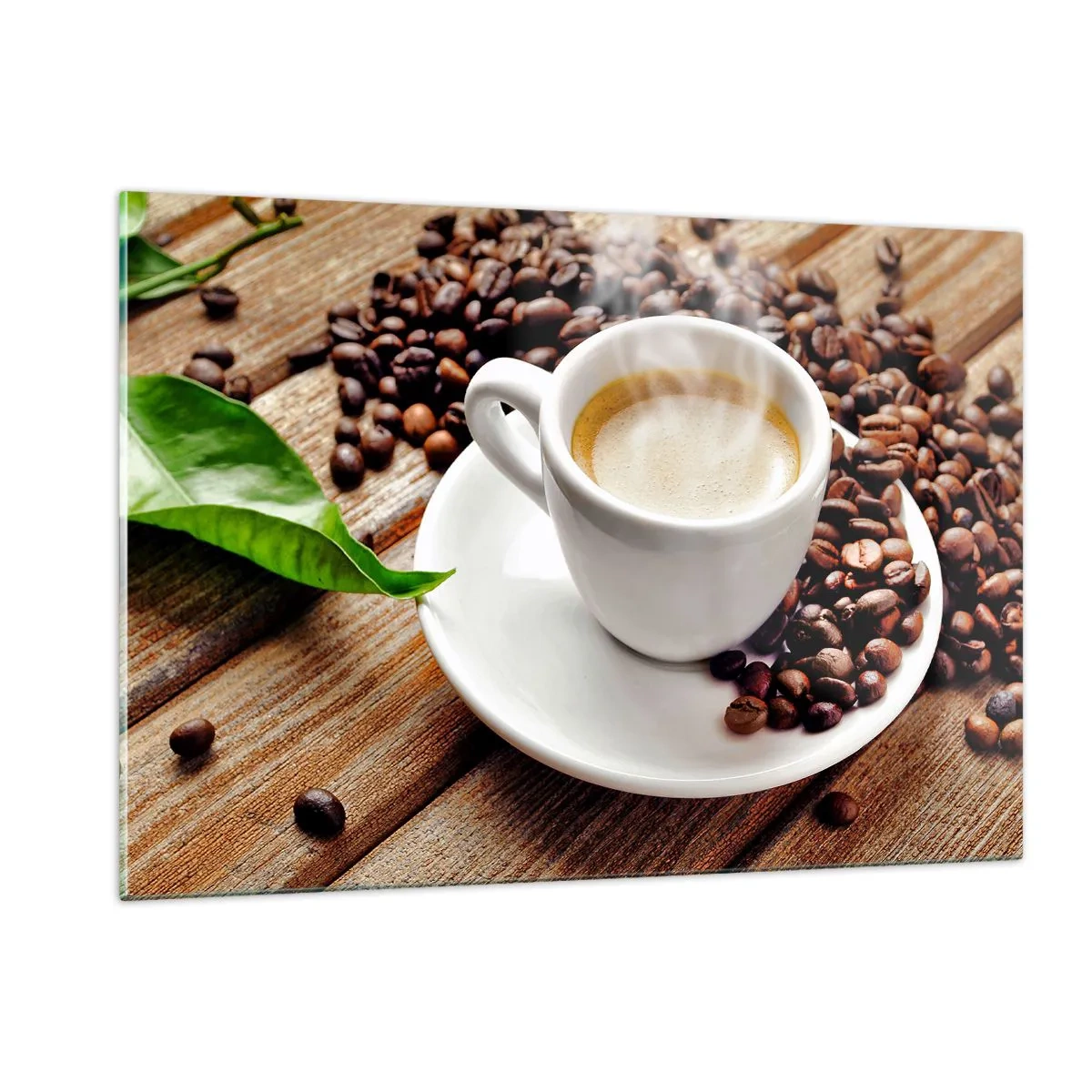 Cuadro sobre vidrio - Impresiones sobre Vidrio - Una taza de café rodeada de granos sobre una mesa de madera. - 120x80cm - Café en el banco - Decoración de pared moderna para salón y dormitorio ARTTOR