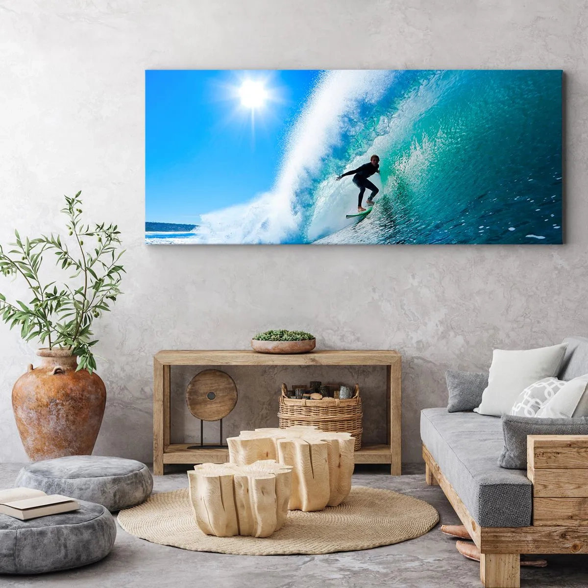Cuadro sobre lienzo - Impresión de Imagen - Un surfista en una tabla se desliza dentro de una poderosa ola bajo un cielo azul. - 140x50cm - A través de la gran ola - Decoración de pared moderna para salón y dormitorio ARTTOR