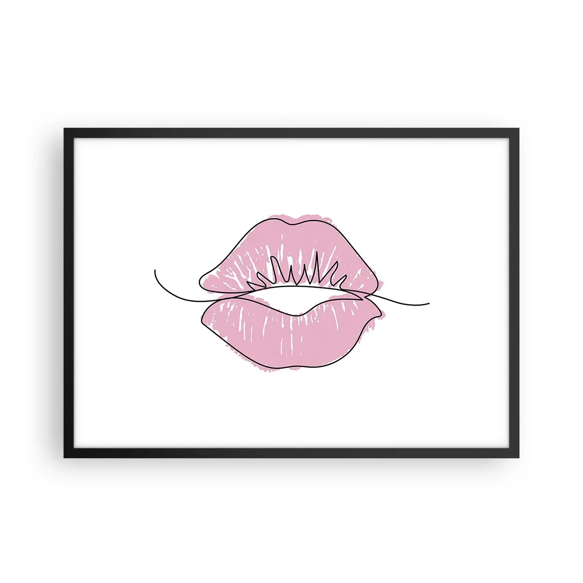 Póster en marco negro - Dibujo de labios minimalista en tono rosa. - 70x50cm - ¿Listo para un beso? - Decoración de pared moderna para salón y dormitorio ARTTOR