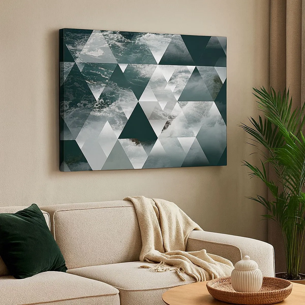 Cuadro sobre lienzo - Impresión de Imagen - Patrón geométrico con motivo de ondas en tonos verdes. - 70x50cm - Una perspectiva de cristal - Decoración de pared moderna para salón y dormitorio ARTTOR