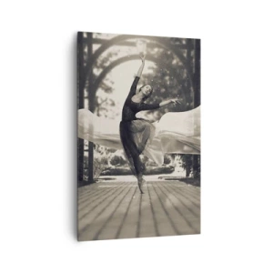 Cuadro sobre lienzo - Impresión de Imagen - Una bailarina con un vestido fluido realiza un salto frente a un jardín en blanco y negro como telón de fondo. - 80x120cm - Danza del espíritu del jardín - Decoración de pared moderna para salón y dormitorio ART