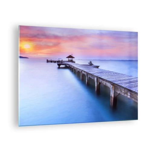 Cuadro sobre vidrio - Impresiones sobre Vidrio - Muelle de madera al amanecer en aguas tranquilas - 70x50cm - Un mar de calma hasta el horizonte - Decoración de pared moderna para salón y dormitorio ARTTOR