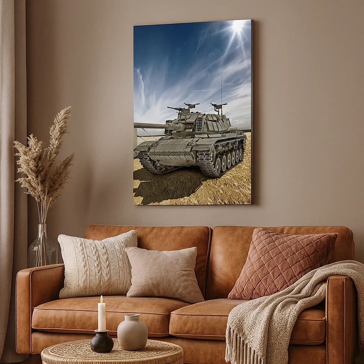 Cuadro sobre lienzo - Impresión de Imagen - Un tanque junto a una tienda militar en una zona desértica. - 50x70cm - Campaña militar - Decoración de pared moderna para salón y dormitorio ARTTOR