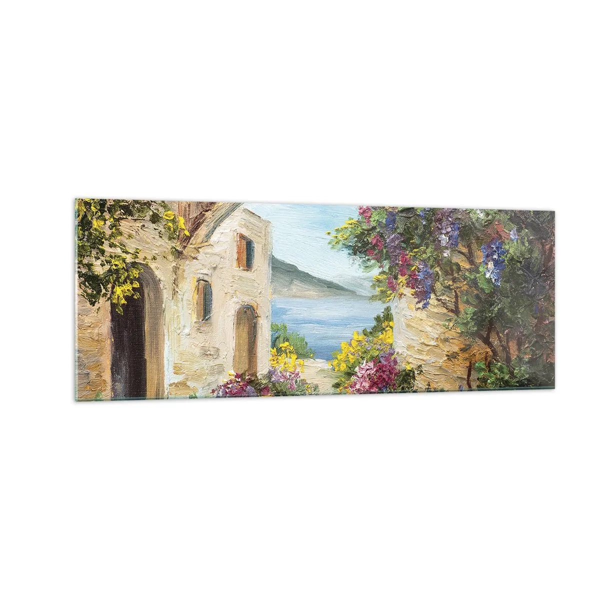Cuadro sobre vidrio - Impresiones sobre Vidrio - Paisaje costero con edificios de piedra y flores. - 140x50cm - El encanto del paisaje costero - Decoración de pared moderna para salón y dormitorio ARTTOR