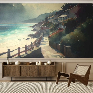 Fotomural Premium Sand - Un pintoresco paseo marítimo con casas mediterráneas. - 100x70cm - Ciudad mediterránea - Decoración de pared moderna para salón y dormitorio ARTTOR