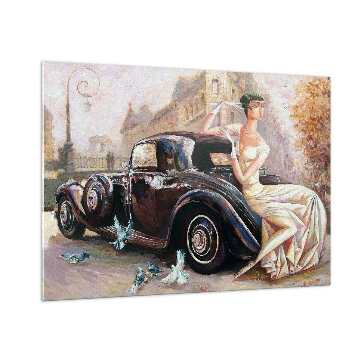 Cuadro sobre vidrio - Impresiones sobre Vidrio - Mujer elegante junto a un coche retro en un entorno urbano - 100x70cm - Elegancia retro - Decoración de pared moderna para salón y dormitorio ARTTOR