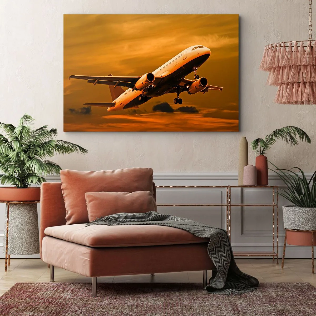 Cuadro sobre lienzo - Impresión de Imagen - Un avión de pasajeros despegando contra un cielo dorado al atardecer. - 70x50cm - Vuelo hacia el sol - Decoración de pared moderna para salón y dormitorio ARTTOR