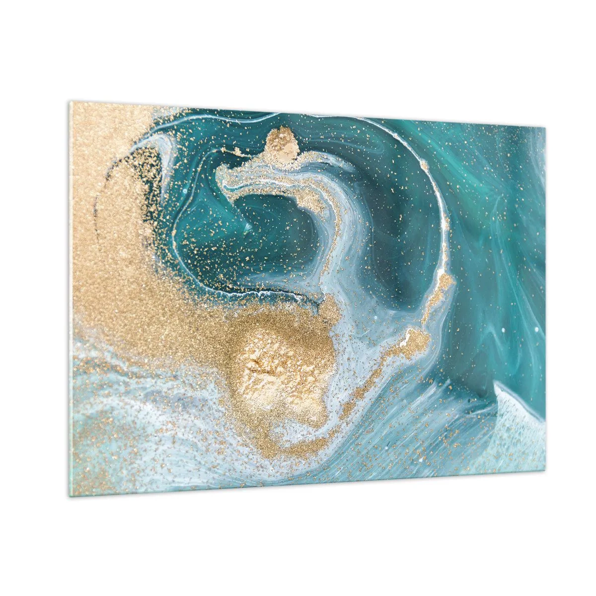 Cuadro sobre vidrio - Impresiones sobre Vidrio - Ondas doradas sobre turquesa en estilo abstracto - 100x70cm - Un remolino de oro y turquesa - Decoración de pared moderna para salón y dormitorio ARTTOR