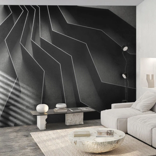 Fotomural Premium Sand - Estructuras geométricas en negro con efecto de profundidad. - 100x70cm - Orden espacial - Decoración de pared moderna para salón y dormitorio ARTTOR