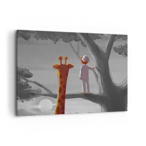 Cuadro sobre lienzo - Impresión de Imagen - Un niño y una jirafa en la rama de un árbol en un paisaje de cuento de hadas. - 100x70cm - ¿Está sucediendo de verdad? - Decoración de pared moderna para salón y dormitorio ARTTOR