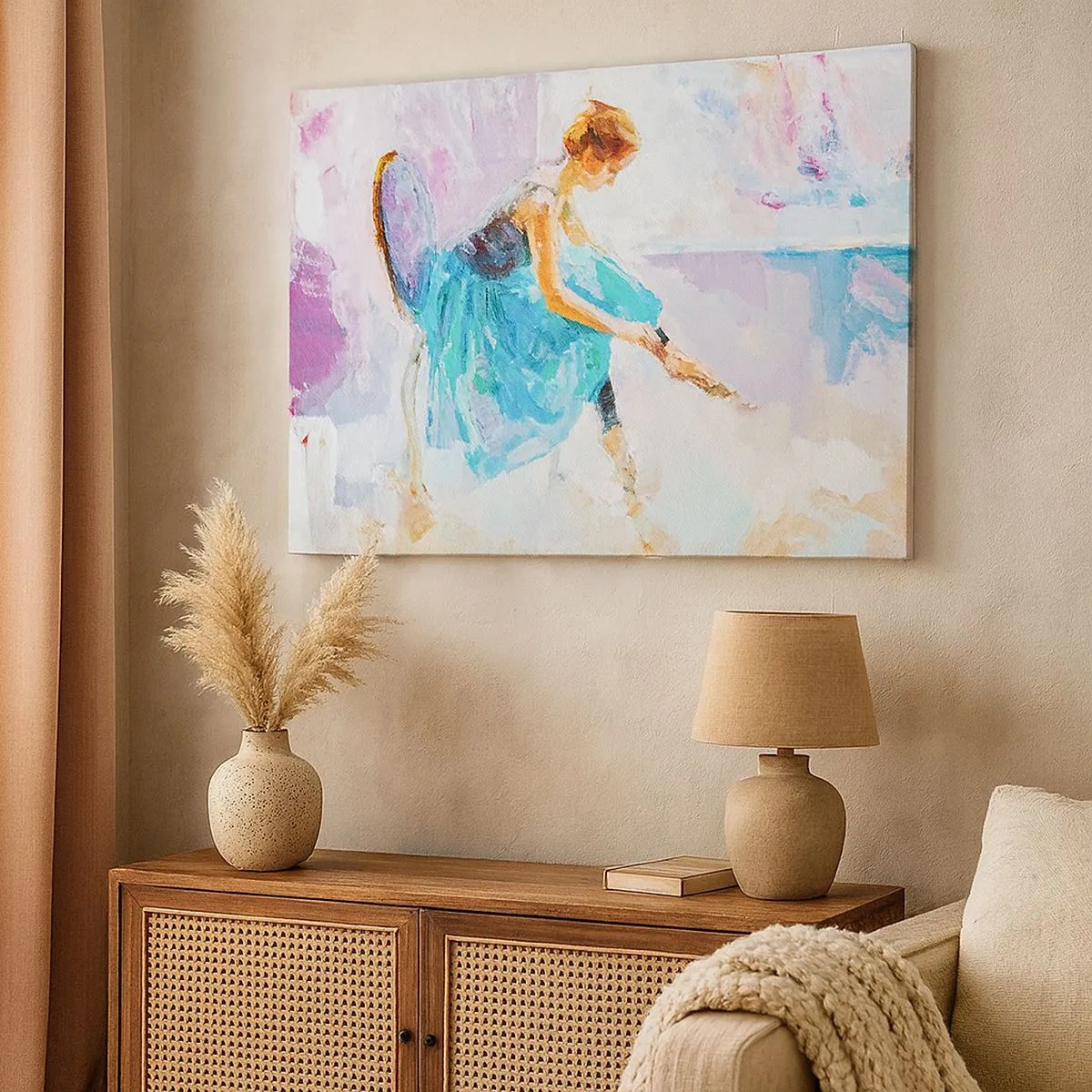 Cuadro sobre lienzo - Impresión de Imagen - Una bailarina preparándose para bailar en tonos pastel. - 70x50cm - Gracia indescriptible, encanto sutil - Decoración de pared moderna para salón y dormitorio ARTTOR