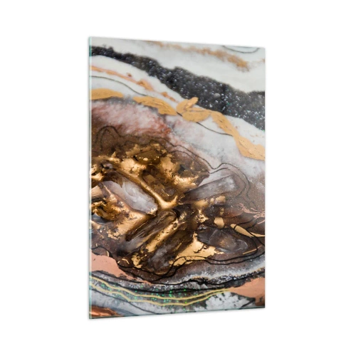 Cuadro sobre vidrio - Impresiones sobre Vidrio - Una pintura abstracta en tonos dorados, marrones y blancos con una textura mineral. - 50x70cm - Elemento de la tierra - Decoración de pared moderna para salón y dormitorio ARTTOR