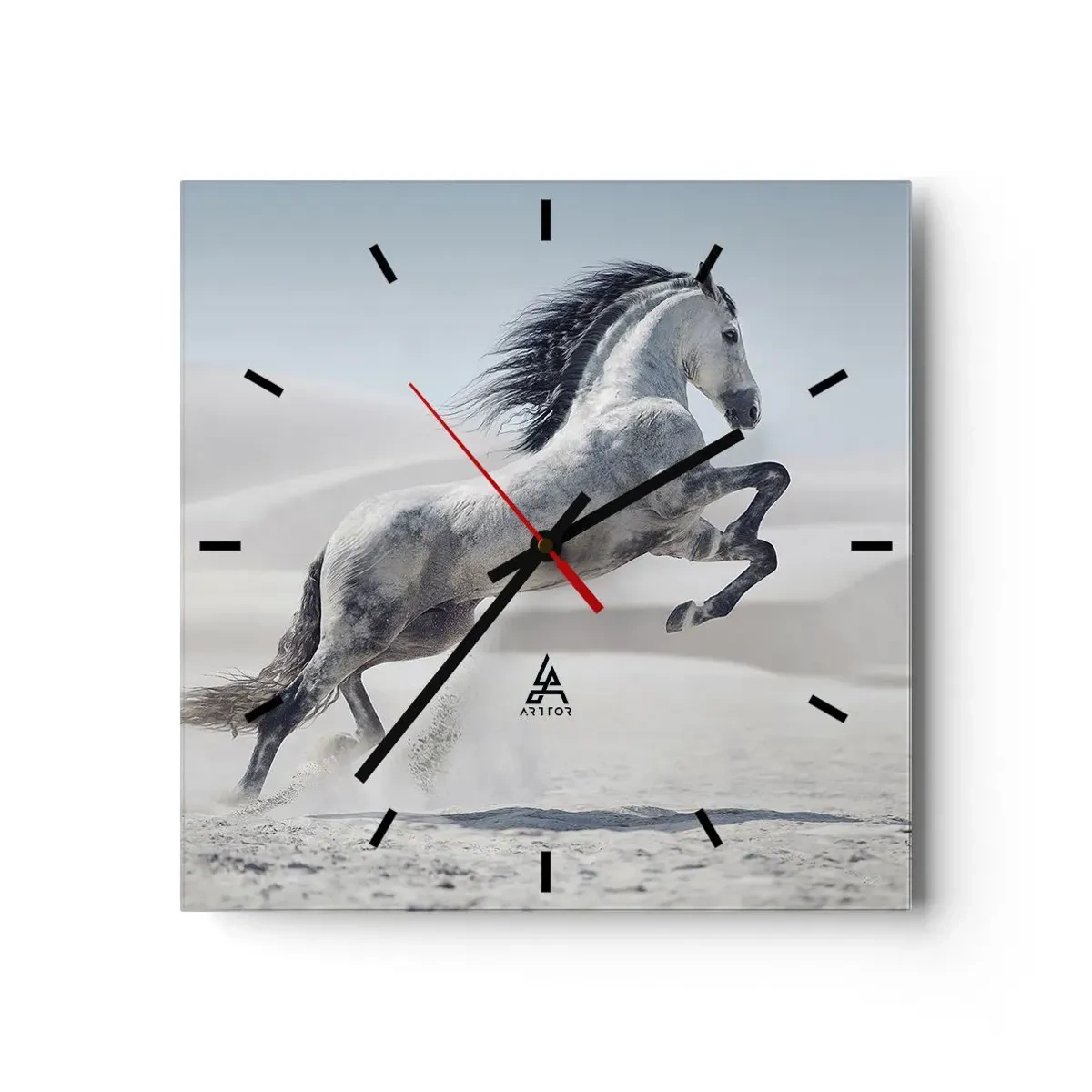 Reloj de pared - Reloj de vidrio - Un caballo blanco galopando con las dunas del desierto como telón de fondo. - 30x30cm - Un príncipe árabe - Decoración de pared moderna para salón y dormitorio ARTTOR