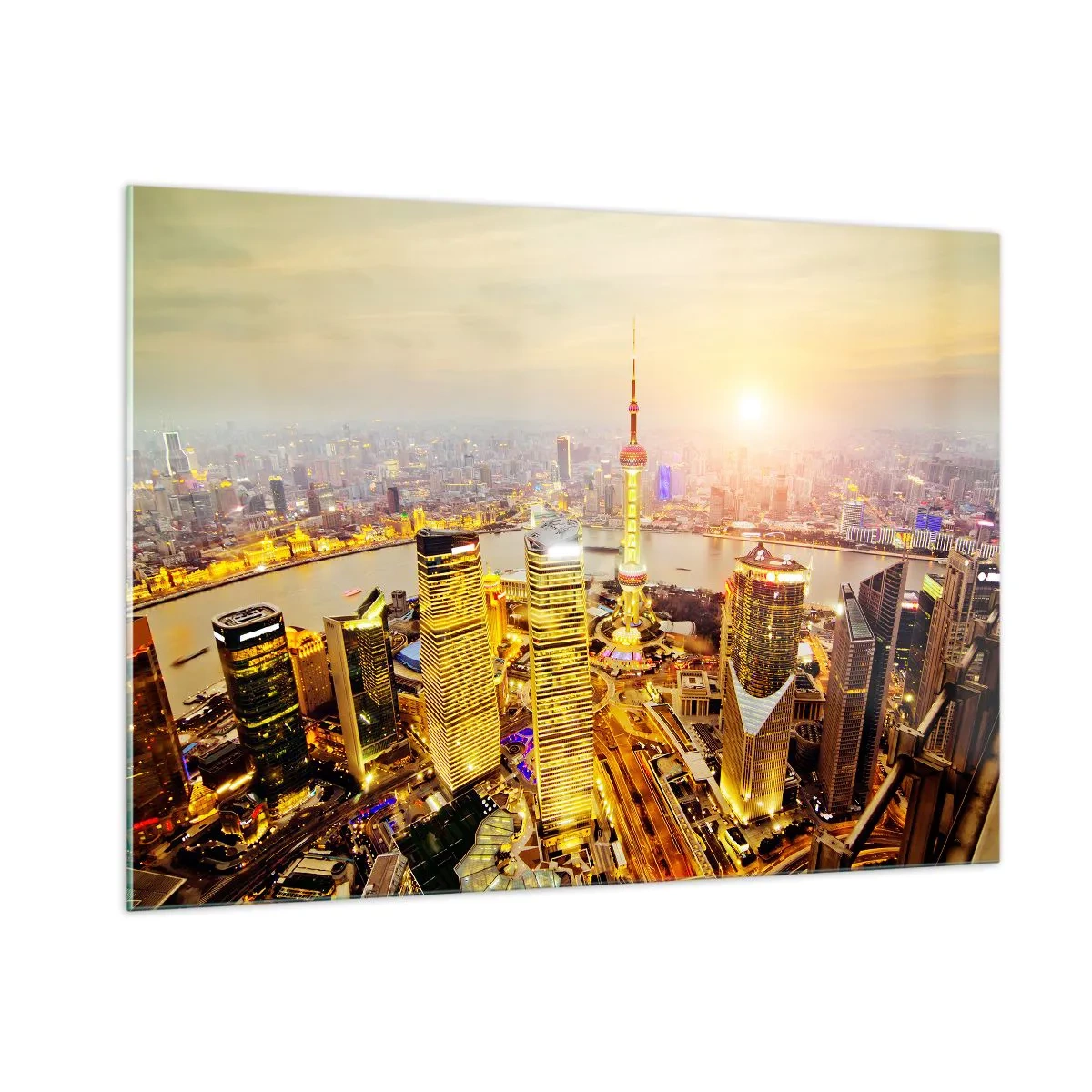 Cuadro sobre vidrio - Impresiones sobre Vidrio - Panorama de la ciudad al atardecer con rascacielos. - 100x70cm - Sueño asiático - Decoración de pared moderna para salón y dormitorio ARTTOR