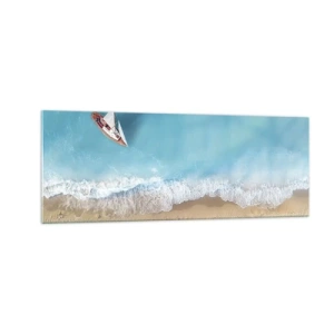 Cuadro sobre vidrio - Impresiones sobre Vidrio - Una vista de pájaro de un barco en la playa. - 140x50cm - Frontera celeste y dorada - Decoración de pared moderna para salón y dormitorio ARTTOR