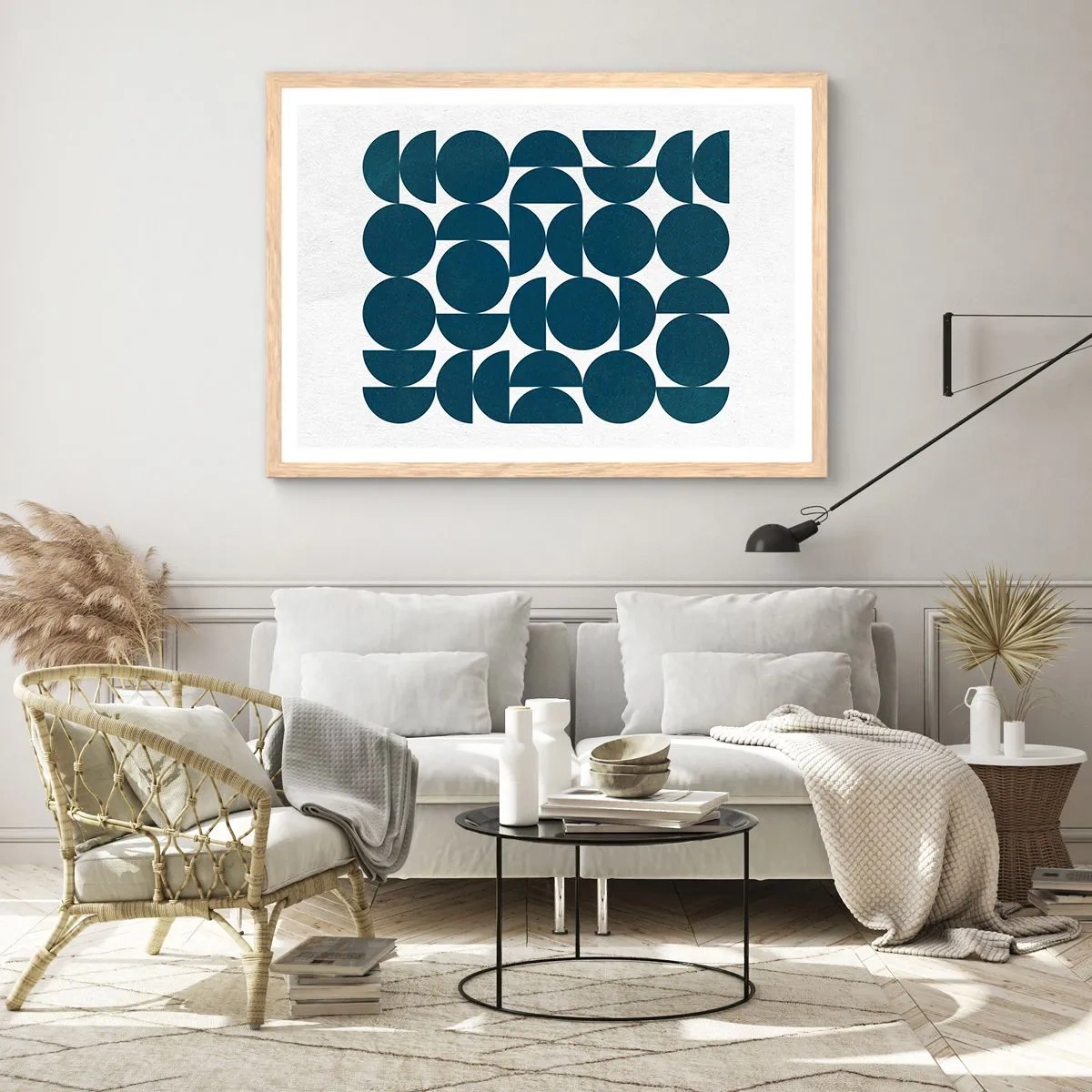 Póster en marco roble claro - Círculos y semicírculos - 100x70 cm