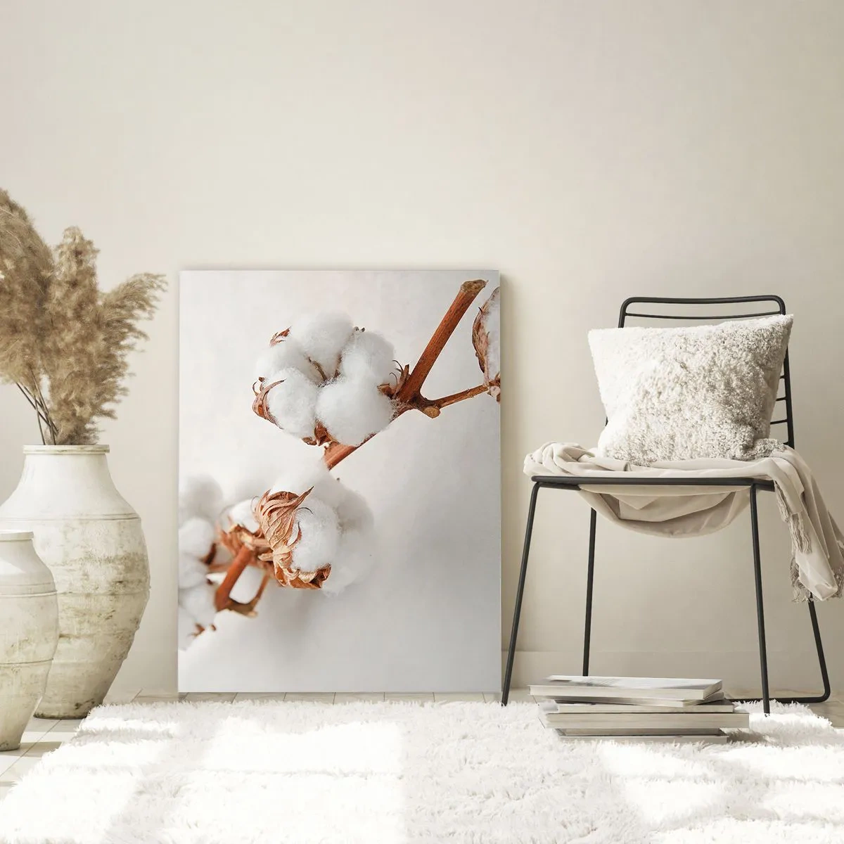 Cuadro sobre vidrio - Impresiones sobre Vidrio - Una ramita de algodón sobre un fondo sutil. - 70x100cm - Un suave tacto - Decoración de pared moderna para salón y dormitorio ARTTOR