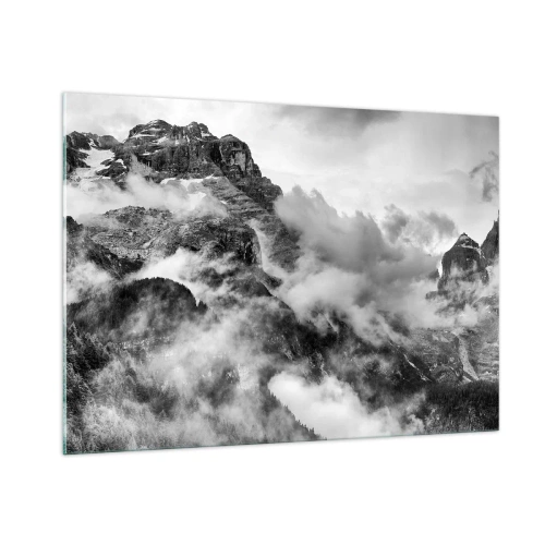 Cuadro sobre vidrio - Impresiones sobre Vidrio - Montañas en blanco y negro con niebla en los valles. - 100x70cm - Hermoso y cruel - Decoración de pared moderna para salón y dormitorio ARTTOR