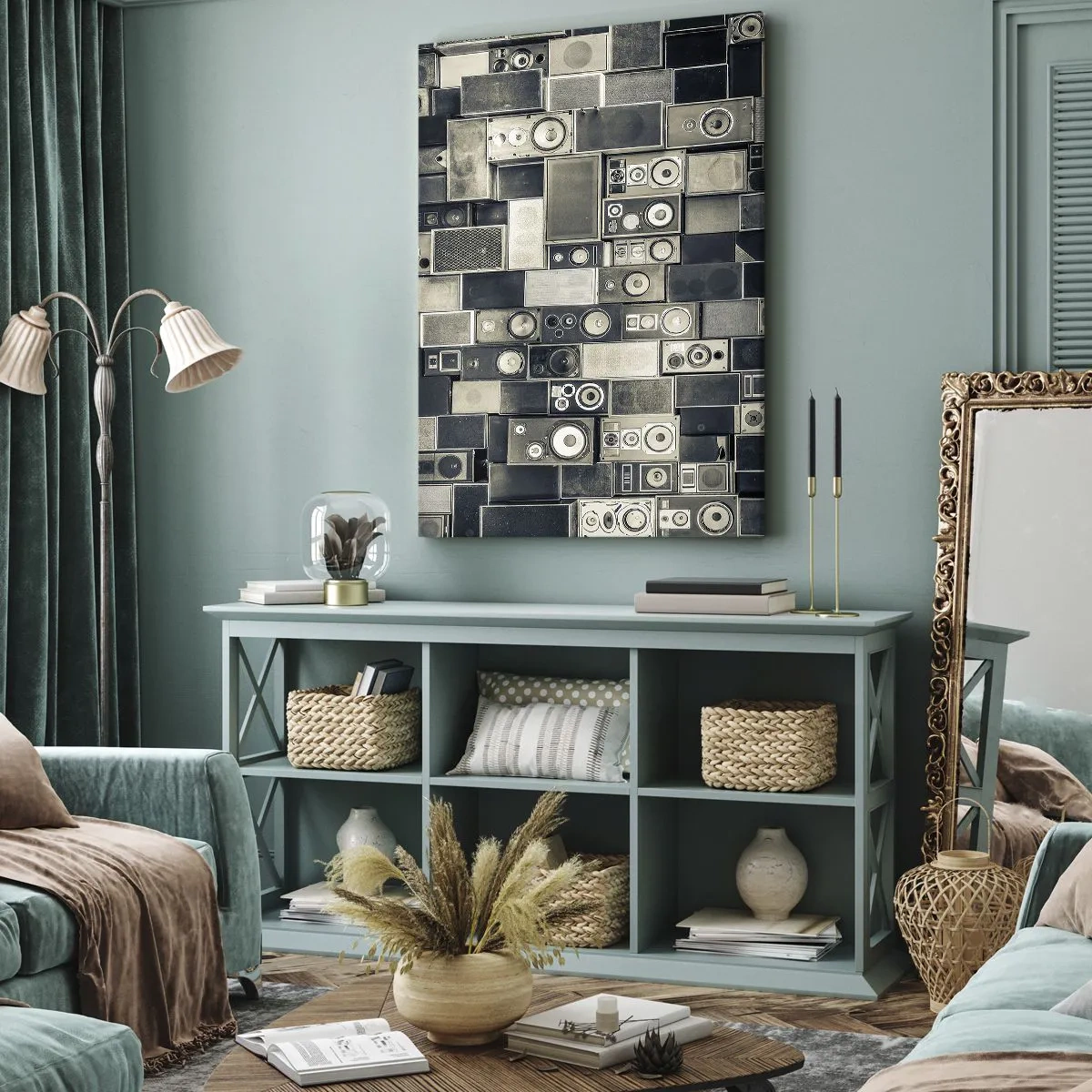 Cuadro sobre lienzo - Impresión de Imagen - Colección de altavoces de estilo retro - 80x120cm - Y todo fluye - Decoración de pared moderna para salón y dormitorio ARTTOR