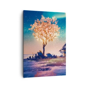 Cuadro sobre lienzo - Impresión de Imagen - Una casa y un árbol en flor bajo el cielo nocturno. - 50x70cm - La naturaleza perdura - Decoración de pared moderna para salón y dormitorio ARTTOR
