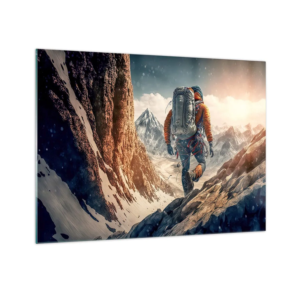 Cuadro sobre vidrio - Impresiones sobre Vidrio - Un excursionista escalando una ladera rocosa y cubierta de nieve. - 70x50cm - Guerrero solitario - Decoración de pared moderna para salón y dormitorio ARTTOR