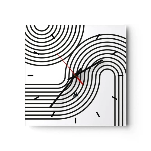 Reloj de pared - Reloj de vidrio - Una pintura abstracta con líneas negras que crean patrones geométricos sobre un fondo blanco. - 30x30cm - En una curva - Decoración de pared moderna para salón y dormitorio ARTTOR