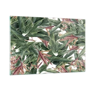 Cuadro sobre vidrio - Impresiones sobre Vidrio - Hojas en tonos verdes y burdeos sobre un fondo claro. - 120x80cm - Naturaleza esmeralda y lila - Decoración de pared moderna para salón y dormitorio ARTTOR