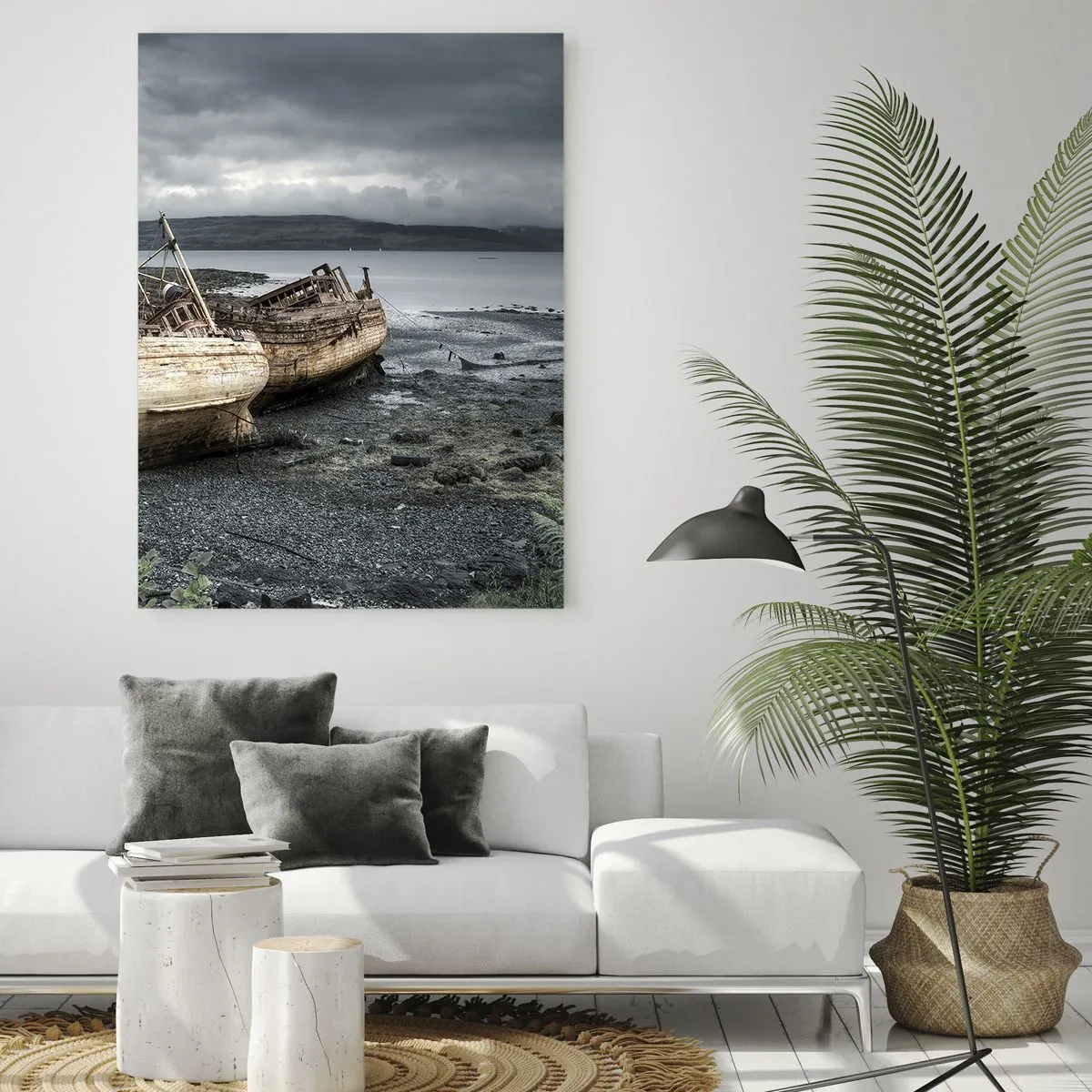 Cuadro sobre vidrio - Impresiones sobre Vidrio - Barcos abandonados en la orilla en una escena lluviosa - 80x120cm - Muestra de un trabajo dignamente realizado - Decoración de pared moderna para salón y dormitorio ARTTOR