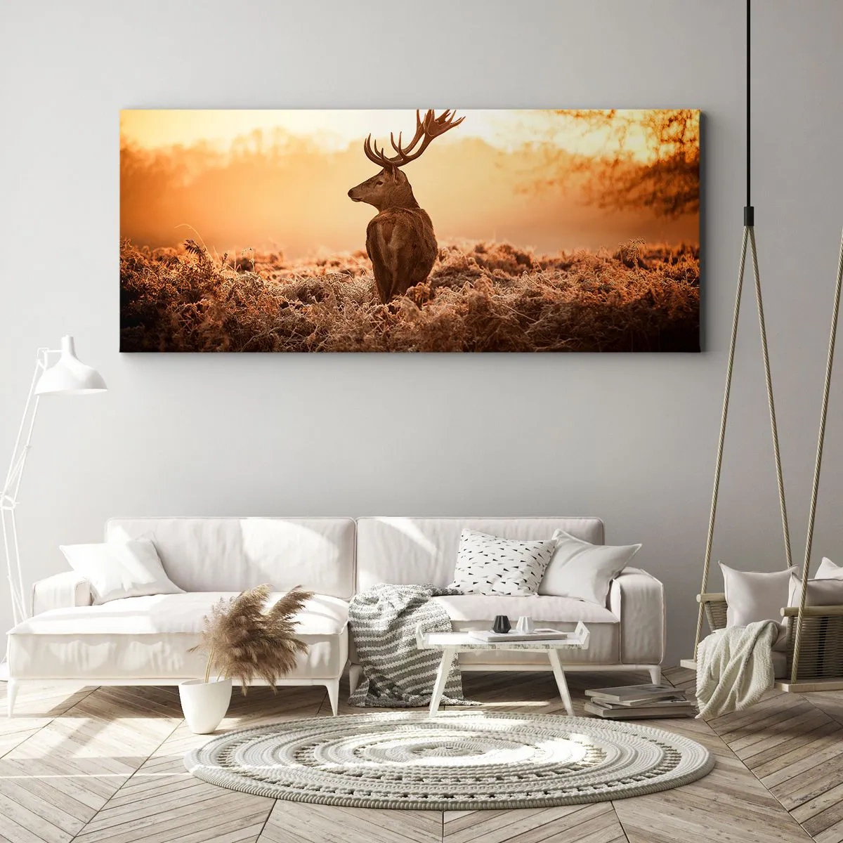 Cuadro sobre lienzo - Impresión de Imagen - Ciervos bajo los rayos del sol naciente - 160x50cm - Un líder por derecho - Decoración de pared moderna para salón y dormitorio ARTTOR