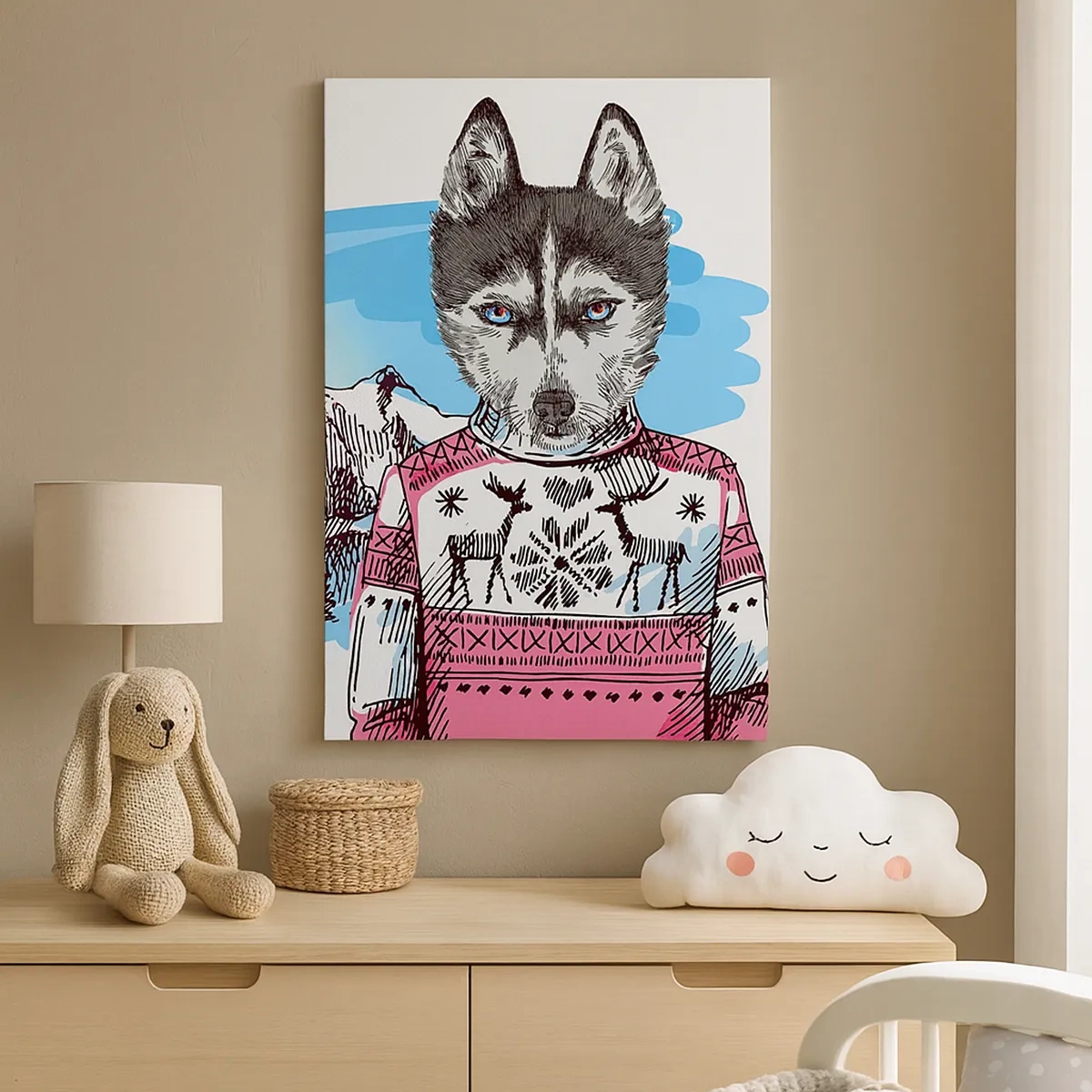 Cuadro sobre lienzo - Impresión de Imagen - Un lobo con un suéter de invierno frente a un paisaje montañoso. - 50x70cm - Un lobo con piel de cordero - Decoración de pared moderna para salón y dormitorio ARTTOR