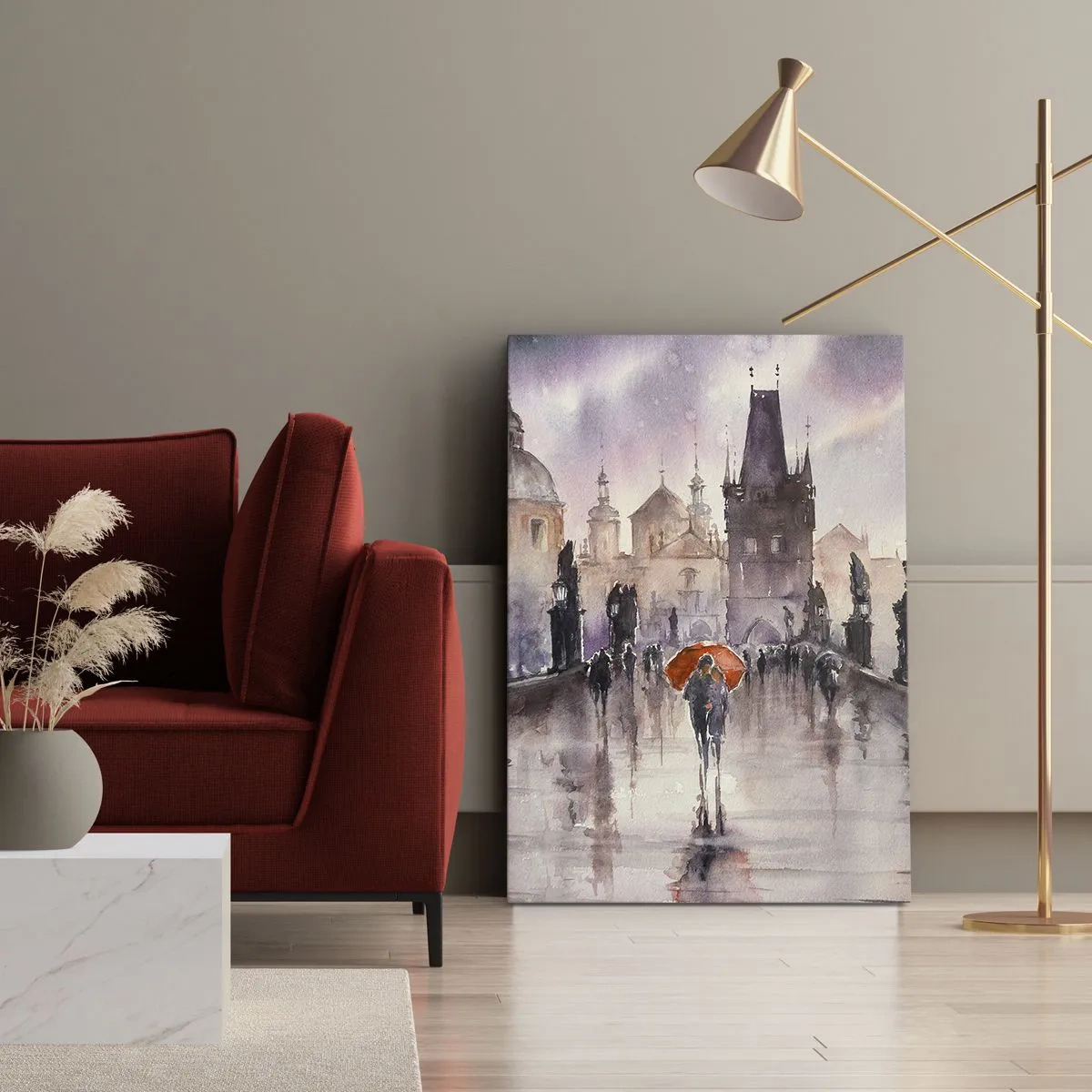 Cuadro sobre lienzo - Impresión de Imagen - Vista romántica de un puente con un paraguas con el telón de fondo de una ciudad al atardecer. - 50x70cm - La gente no cambia - Decoración de pared moderna para salón y dormitorio ARTTOR