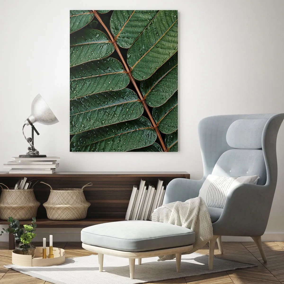 Cuadro sobre vidrio - Impresiones sobre Vidrio - Primer plano de hojas verdes con gotas de agua. - 50x70cm - En un ritmo verde - Decoración de pared moderna para salón y dormitorio ARTTOR