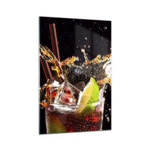 Cuadro sobre vidrio - Impresiones sobre Vidrio - Un vaso de bebida, lima y hielo en el momento del chapoteo dinámico. - 70x100cm - Alegría y energía colorida - Decoración de pared moderna para salón y dormitorio ARTTOR