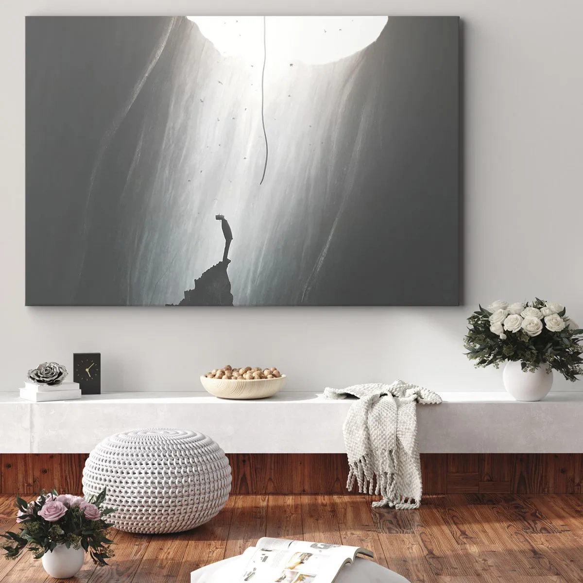 Cuadro sobre lienzo - Impresión de Imagen - Silueta de un hombre en el suelo de una cueva con vistas a la luz. - 70x50cm - Siempre hay una salida - Decoración de pared moderna para salón y dormitorio ARTTOR
