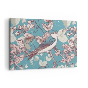Cuadro sobre lienzo - Impresión de Imagen - Un pájaro en una rama en un delicado estilo floral. - 120x80cm - En el cerezo - Decoración de pared moderna para salón y dormitorio ARTTOR