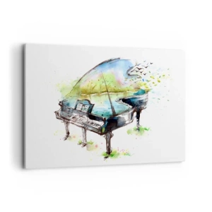 Cuadro sobre lienzo - Impresión de Imagen - Pintura artística de acuarela de un piano con la naturaleza al fondo. - 120x80cm - Encantado con la música - Decoración de pared moderna para salón y dormitorio ARTTOR